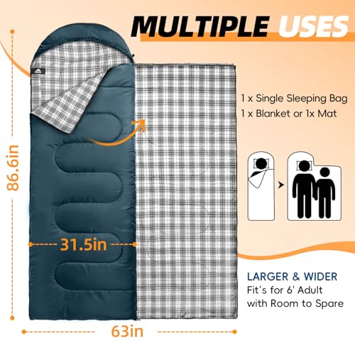 MEREZA Flannel Sleeping Bag for Adults XL, Large Wide Sleeping Bags for Camping Mens Warm Cotton Sleeping Bag 4 Season War...
