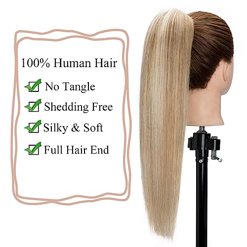 MY-LADY Ponytail Extension Human Hair Claw Clip in Ponytail Hair Extension Long Straight Pony Tail Hair Extensions Real Human Hair for Women Golden Brown & Bleach Blonde 16 Inch 105g