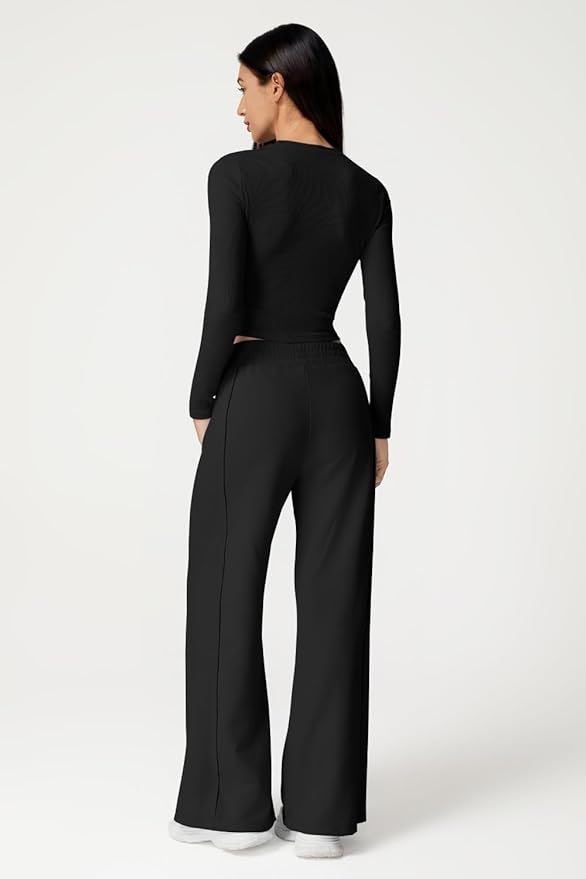 QINSEN Womens 2 Piece Sets Long Sleeve Slim Fit Crop Tops Wide Leg Pants Matching Lounge Set