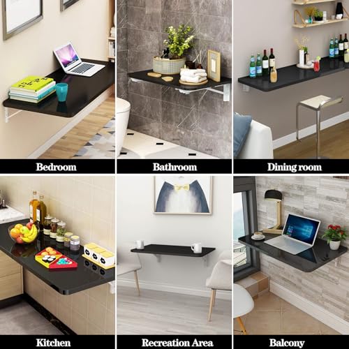 CYGJSYEA Wall Mounted Folding Table,Black Floating Desk for Small Spaces,Stainless Steel Bracket Laundry Folding Table,Wal...