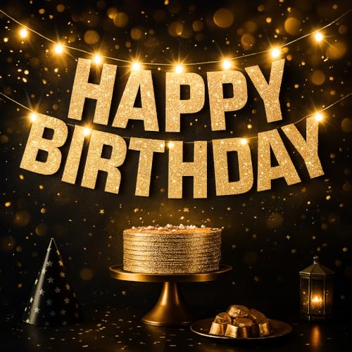 KatchOn, Light Up Happy Birthday Banner - 10 Feet, 8 Modes | Glitter Golden Birthday Party Decorations | Gold Birthday Dec...
