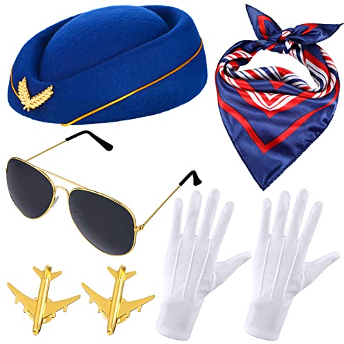 Bencailor 7 Pcs Christmas Women Flight Attendant Costume Accessories Stewardess Outfits Bellhop Hat Scarf Sunglasses Gloves