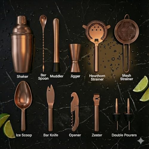 Highball & Chaser 13-Piece Cobbler Cocktail Shaker Set Matte Copper Stainless Steel Bartender Kit For Home Bar Cocktail Se...