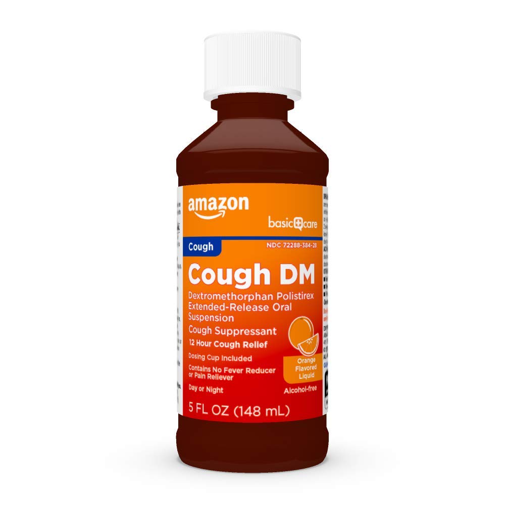Amazon Basic Care 12 Hour Cough DM Syrup, Extended-Release Dextromethorphan, Orange Flavor Liquid Medicine, 5 fl oz (Pack of 2)
