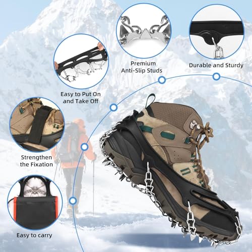 Crampons 19 Stainless Steel Spikes Ice Cleats for Shoes and Boots,Snow Traction Cleats Ice Grips for Hiking, Mountain Clim...