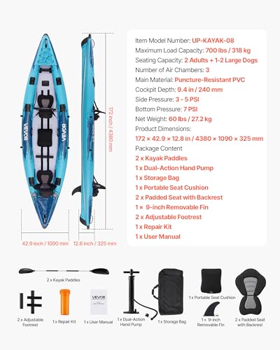 VEVOR 2-Person Inflatable Kayak, 14'4" x 3'7" – Extra Spacious for Family & Dogs, 700-lb Capacity Sit-in Kayak with Access...