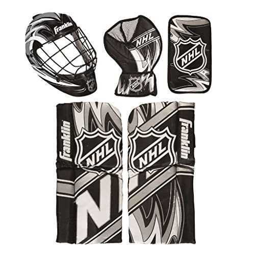 Franklin Sports NHL Youth Knee Hockey Goalie Pads + Helmet Set - Kids Knee + Mini Hockey Goalie Gear + Equipment - (2) Leg Pads, Catch Glove, Blocker + Mask Included
