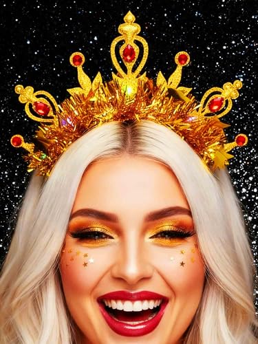 Campsis Light Up Glow Crown Headband Sparkly Gold Headpiece Halloween Costume Headwear Rave Hair Accessories for Women