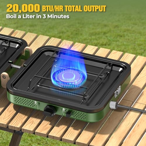 2 Burner Camping Stove, 20000 BTU Propane Camp Stove Portable Folding Gas Travel Stove Camping Essentials Gears Includes G...