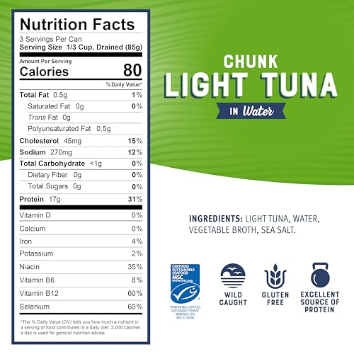 Bumble Bee Chunk Light Tuna In Water, 12 oz Can (Pack of 12) - Wild Caught Skipjack Tuna - 17g Protein Per Serving - MSC C...