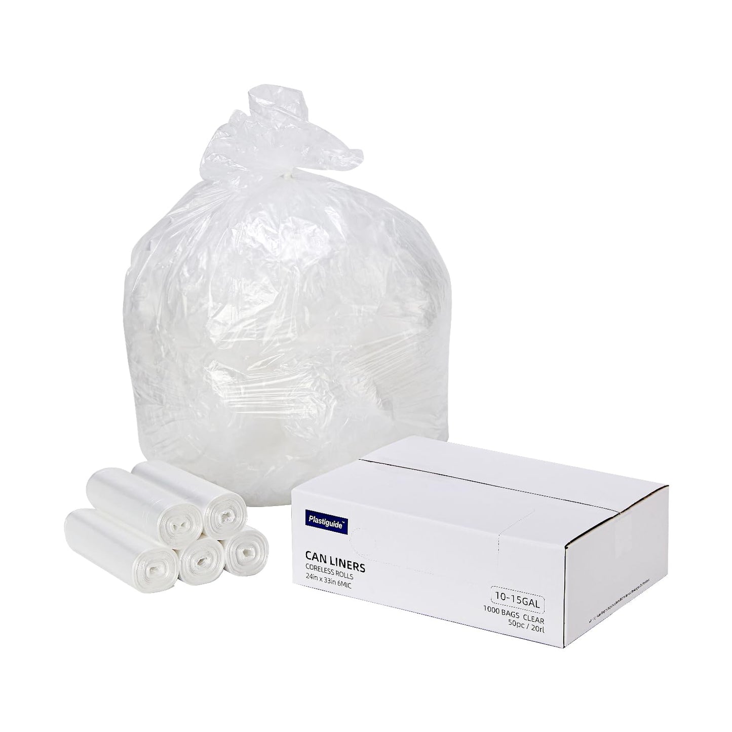 Plastiguide Clear Trash Can Liners, 10-15 Gallon, 24'' x 33'', Wholesale 1000 Count, High Density Garbage Bags for Bathroom, Office, Commercial and Industrial Use