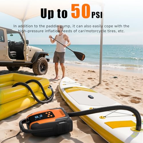 Komobe Electric Paddle Board Pump, 50PSI High Pressure Portable SUP Air Pump with Auto-Off and Deflation Function, 12V DC ...