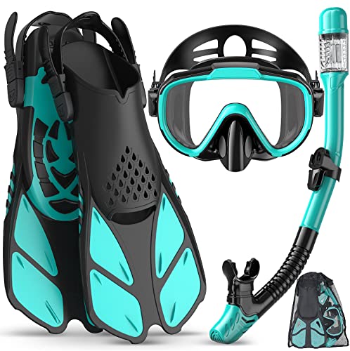 Ubekezele Snorkeling Gear for Adults Men Women,4 in 1 Snorkel Set with Panoramic View Diving Mask Anti-Fog Anti-Leak,Dry T...