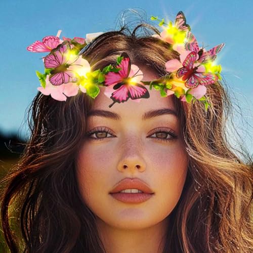 DRESBE Light Up Butterfly Flower Crown LED Floral Headband Glow Fairy Hair Accessories for Women (Pink)