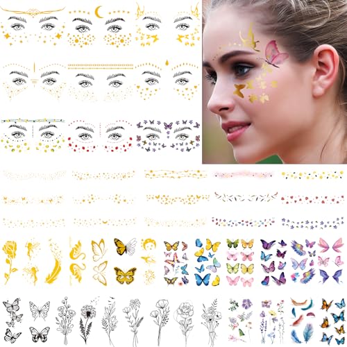 54 Sheets Gold Glitter Freckles Face Tattoo, 150+ Pcs Halloween Face Glitter Temporary Tattoo Stickers, Sparkle Freckles M...