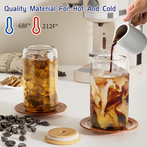 12Pcs Glass Cups with Lids and Straws - 16oz Can Shaped Drinking Glasses Set, Iced Coffee Cup, Beer Glasses Tumbler for Ju...