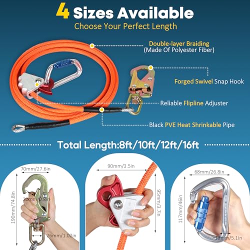 KLYTORX Tree Climbing Flipline Kit 1/2" X 12ft Wire Core - Triple Lock Carabiner Adjuster, Heavy-Duty Climbing Lanyard for...