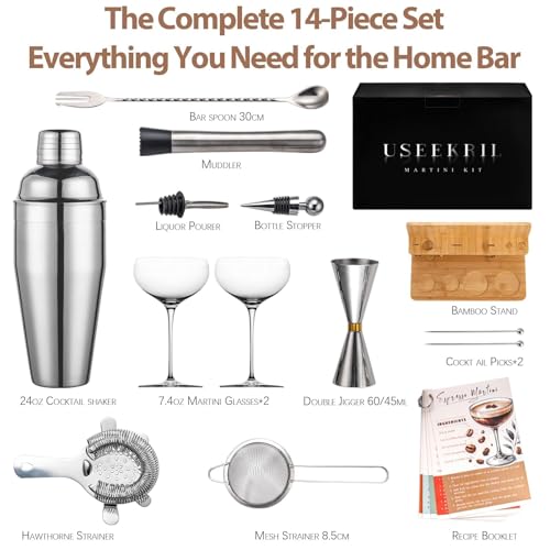 USEERIL Espresso Martini Kit Gifts Set with 2 Glasses,Mixology Bartender Kit,Cocktail Shaker Set with Bamboo Stand for Dri...