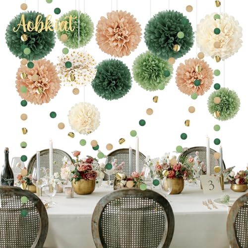 AOBKIAT Wedding Party Decorations Set,15PCS Green Tissue Paper Pom Poms,Dots Paper Garland String Hanging Backdrop for Eng...