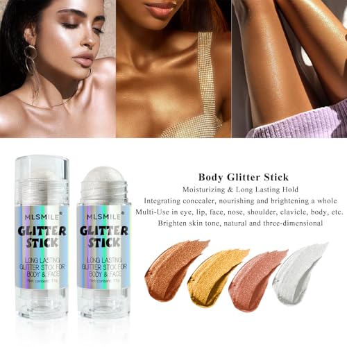 White Body Glitter Stick, Multi-Use Roll-on Face Body Glitter for Women & Kids, Long Lasting Shimmer, Travel Size Sparklin...