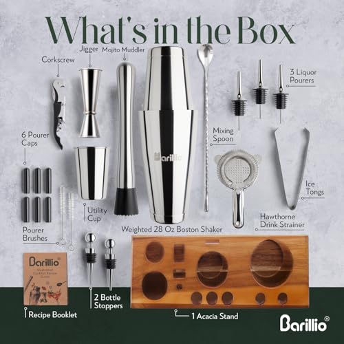 Barillio Bartender Kit – 23-Piece Stainless-Steel Cocktail Shaker Set with Premium Acacia Stand | Martini Barware Mixing T...