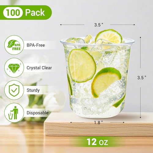 Soelomu 12 oz Disposable Stemless Wine Glasses, 100 Pcs Crystal Plastic Cocktail Cups Clear Classic Cold Drinking Party Gl...