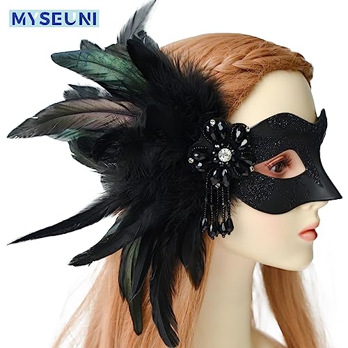 MYSEUNI Black Couples Masquerade Mask Set - Women's Masquerade Masks with Feathers & Venetian Mask for Men, Mardi Gras, Ha...