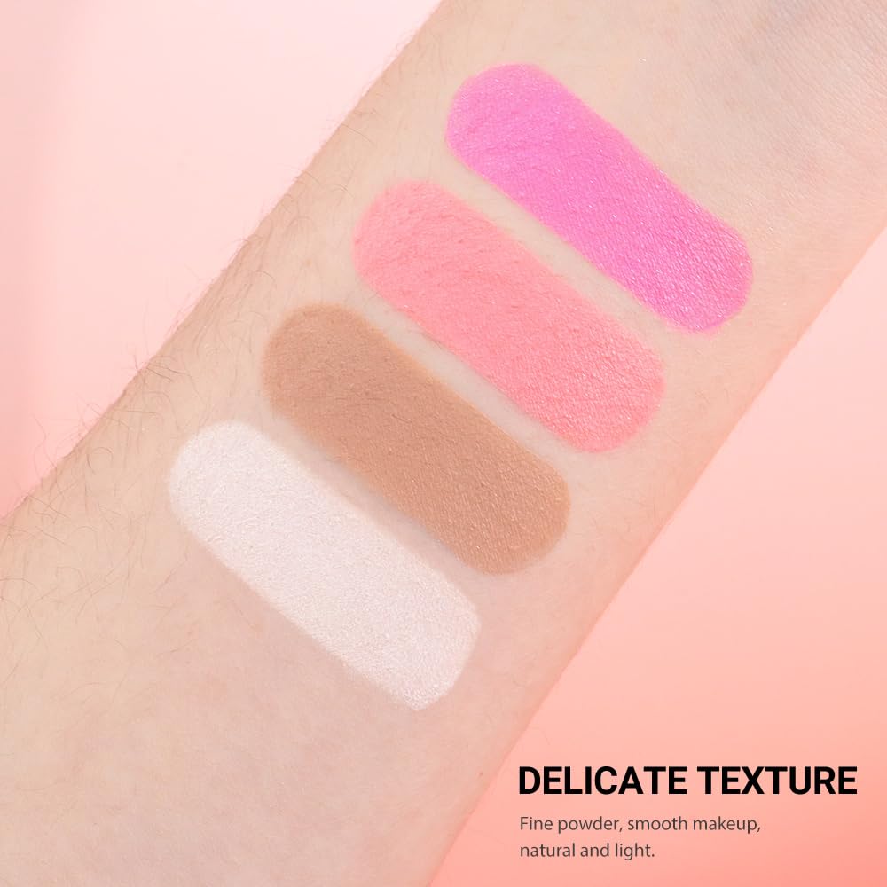 HHLTOH Matte Powder Blush Palette, 4 Colors Face Palette with White Highlighter, Brown Contour, Pink & Rose Pink Blush for Cheek