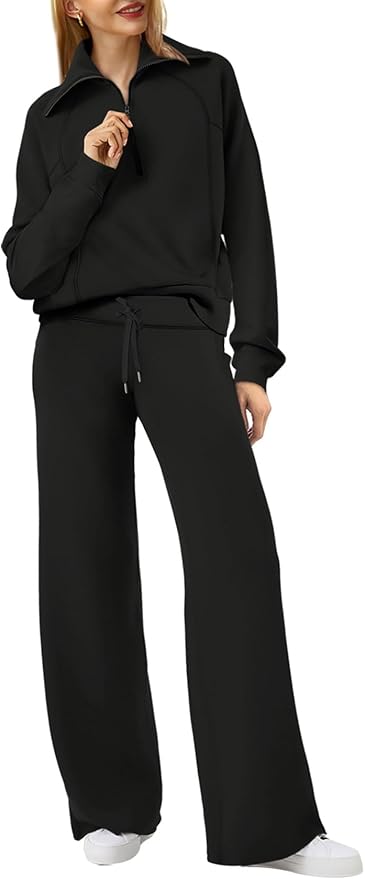 XIEERDUO Lounge Sets For Women 2025 Half Zip Sweatshirt And Wide Leg Sweatpant 2 Piece Outfits Sweatsuit Tracksuit