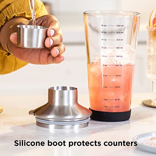 Rabbit 18 oz Glass Cocktail Shaker with Printed Measurements, Multi-Use Stainless Steel Topper with 1.5 oz Jigger Cap and ...