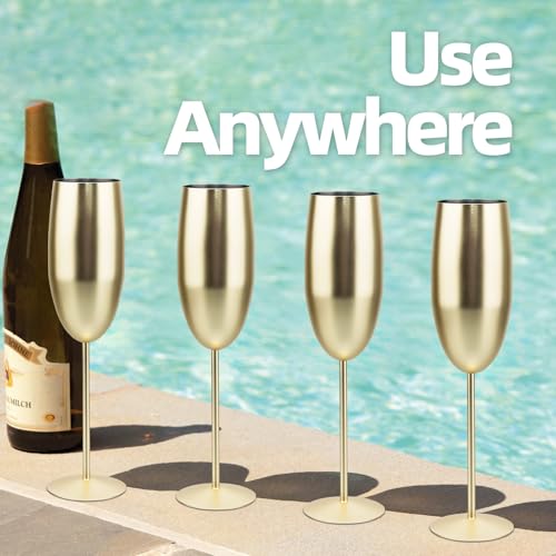 MeowvCraft Champagne Glasses Stainless Steel Set of 4, 8.5oz Champagne Flutes-Elegant Wedding Unbreakable Wine Cups Gifts ...