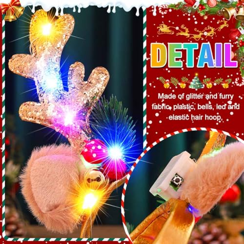 CAKURE Light Up Reindeer Antlers Headband LED Glow Christmas Headbands Deer Ears Hair Bands Holiday Xmas Headwear for Women