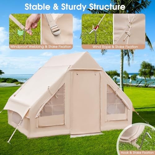 Tangkula Inflatable Camping Tent with Pump, 4-6 People Outdoor Blow Up Cabin Tent with 7 Mesh Windows, 2 Doors, 4-Season G...