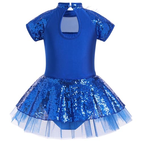 ODASDO Girls Shiny Sequins Ballet Dance Leotard Short Sleeve Feather Tutu Dress Hip Hop Latin Jazz Stage Performance Outfit