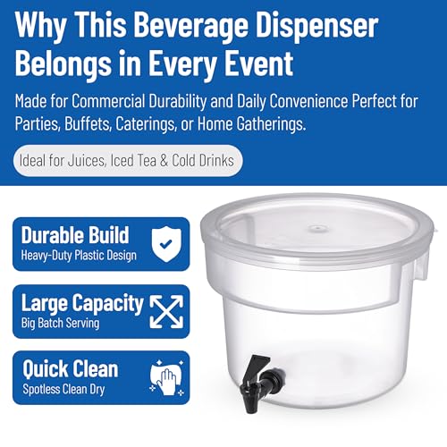 Carlisle FoodService Products Round Beverage Dispenser Drink Dispenser with Spigot for Catering, Plastic, 3 Gallons, Clear