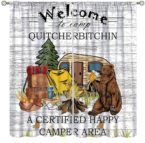 Fblifil Funny Camper Curtain,Bear Drink Beer Camping Trailer Tent Campfire in Forest Woodland Welcome to Camp Quote Window...
