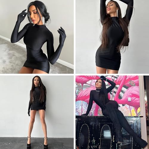 Caviotess Women's Sexy Turtleneck Mini Dress with Gloves Long Sleeve Bodycon Dress Party Festival Outfit Clubwear