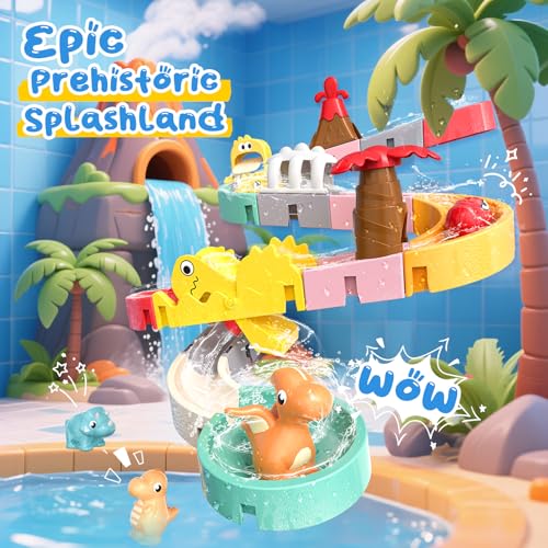 Dinosaur Bath Toys with Track & Fishing Rod – 47PCS Wall Suction Slide Playset for Toddlers, DIY Water Race Track with 6 D...