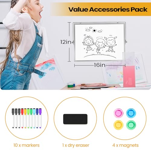 Lumspax Desktop Whiteboard with Stand, 16" x 12" Double-Sided Dry Erase Board with Stand, Portable Stand White Board for O...