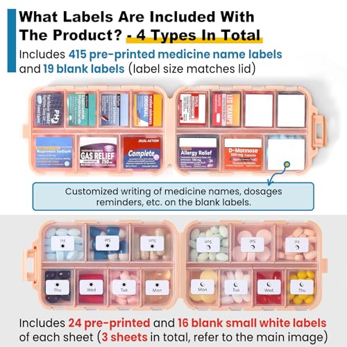 3 Pack 14 Grids Travel Pill Organizer Box with 415-Pcs Medicine Name Labels - Pocket Daily Pharmacy Case Container Kit - T...