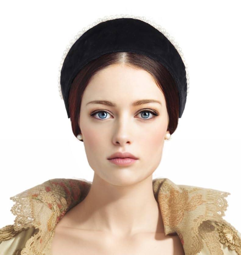 C-ZOFEK Anne Headband Pearl Tudor French Hood Gothic Renaissance Halloween Hair Accessory (Black-B)
