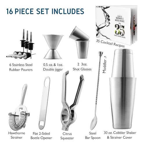 Bar Set Cocktail Shaker Set, Stainless Steel Mixology Bartender Kit, 16 Piece Cocktail Kit, Silver Cocktail Set, Bar Tool...