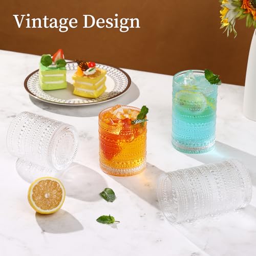 Moretoes Hobnail Drinking Glasses Set of 12, 12 Oz Highball Glasses & 10 Oz Cocktail Glasses, Clear Embossed Boho Glass Cu...
