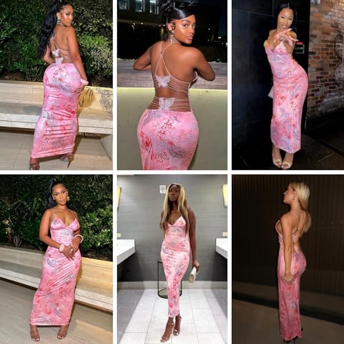 Women's Fairy Butterfly Maxi Dress Sexy Sleeveless Backless Long Dress Bandage String Bodycon Beach Club Party Dress