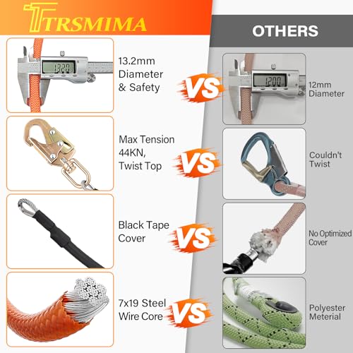 TRSMIMA Steel Wire Core Flipline - 8ft Fall Protection Arborist Climbing Tree Arborist 1/2" Galvanized Steel Cable Lanyard...