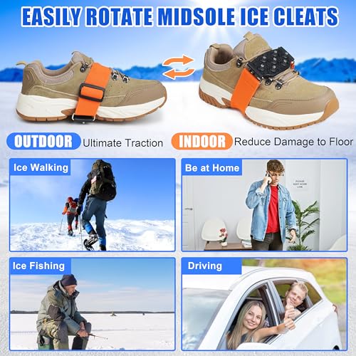 Ice Cleats Mid-Sole Snow Traction Cleats Crampons for Shoes and Boots Rotatable Non Slip Ice Grippers Overshoe with 7 Tung...