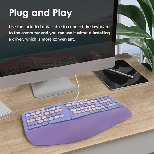 Lomiluskr Wired Ergonomic Keyboard with PU Wrist Rest, Carpal Tunnel Keyboard, Colorful Split Ergo Design, Comfortable Nat...