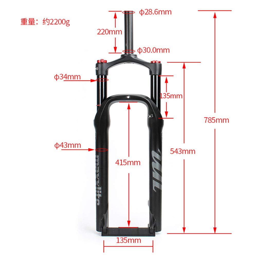 Syvrac 26Inch Bike Fat Air Fork, 1-1/8" Steering Tube Spread 135MM Travel 120MM Inner Tube D34MM for Beach Snow Bike E-Bike