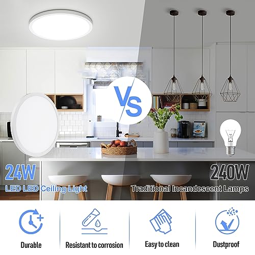 SunRider LED Flush Mount Ceiling Light Fixture, 5000K Daylight White, 2400LM, 12 Inch 24W White Round Flat Bedroom Lights,...