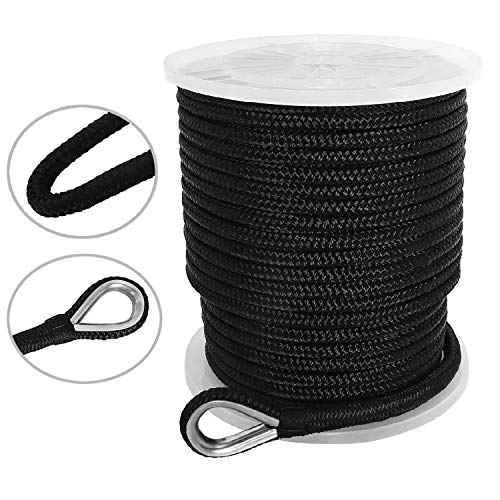 NovelBee 3/8 Inch X 300 Feet Double Braid Nylon Anchor Line with Stainless Steel Thimble and Plastic Chuck